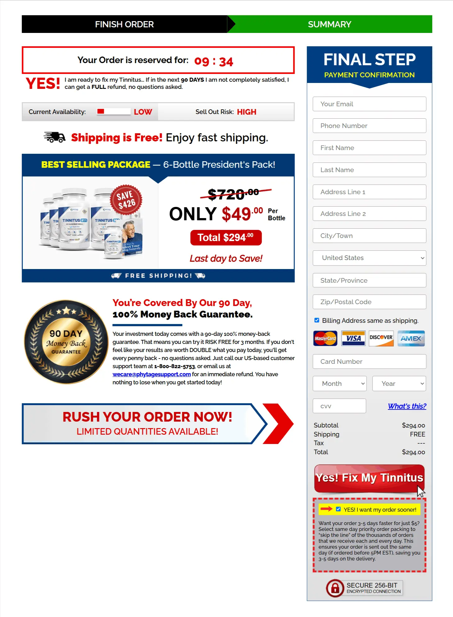Tinnitus 911 checkout page